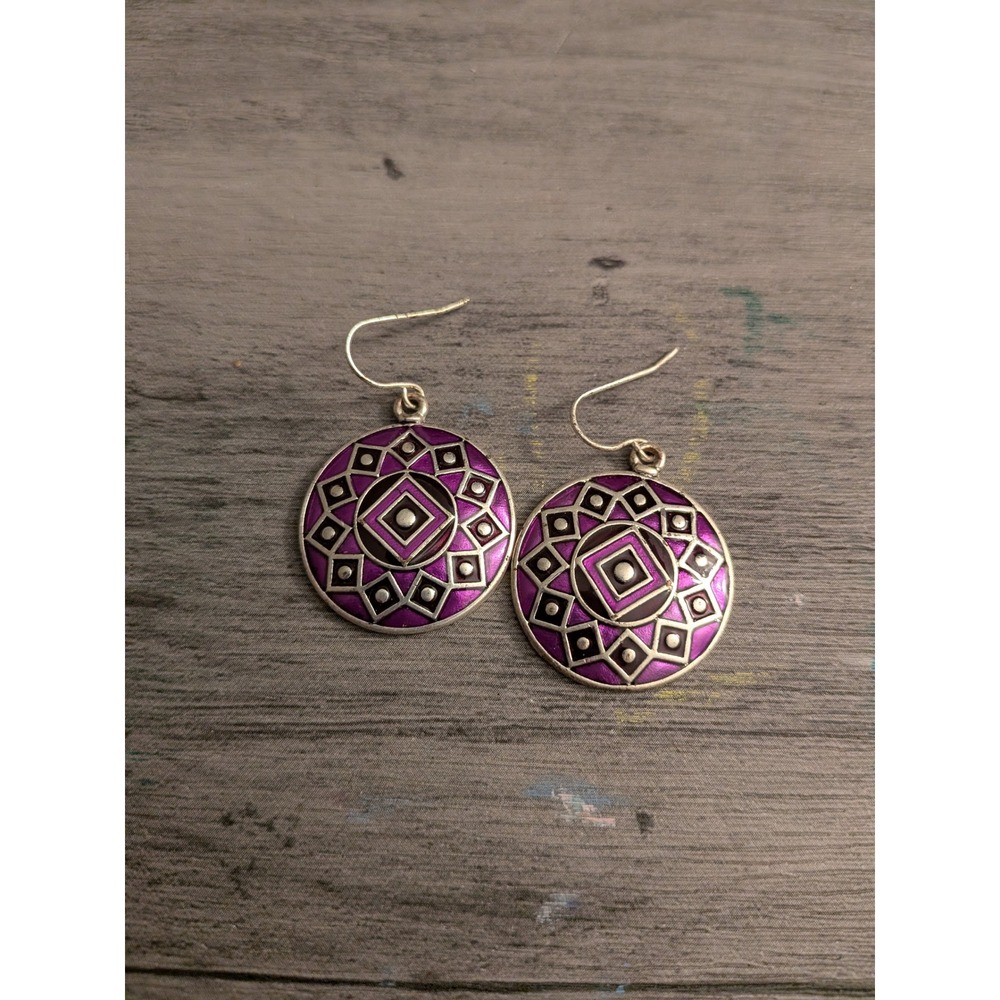 Purple Enamel Geometric Mandala Drop Earrings Silver Tone Boho Tribal‎ Dangle